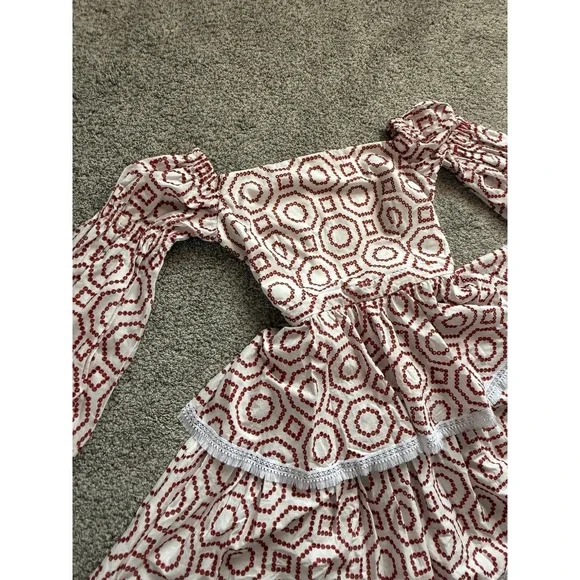 ALEXIS Geometric Embroidered Mini Dress Red White Fringe Balloon Sleeve S - Picture 2 of 6
